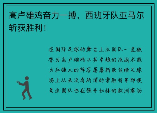 高卢雄鸡奋力一搏，西班牙队亚马尔斩获胜利！
